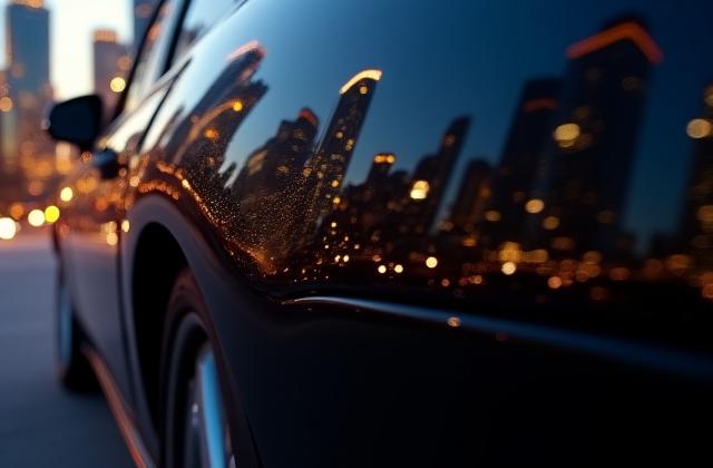 Glossy black car paint reflecting the vibrant Dallas skyline clearly