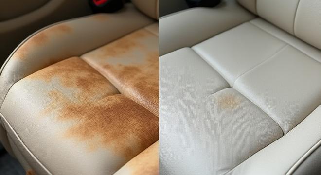 Before and after interior detailing on a stained fabric car seat, showing deep cleaning and restoration