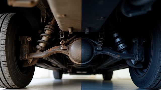 Before and after undercarriage cleaning, showing a dirty, rusty frame transformed to a clean, protected state