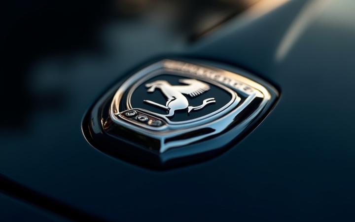 Close-up of a perfectly polished luxury car badge, likely Ferrari or Lamborghini, gleaming under studio lights