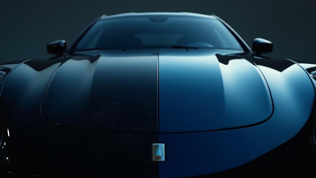 50/50 image of a car hood, half covered in swirls, half perfectly glossy and reflective, demonstrating paint correction